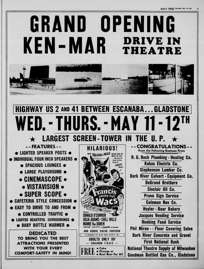 grand opening ad Ken-Mar Drive-In Theatre, Escanaba